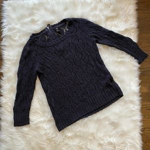 H & M Open Knit Sweater Women’s Small Navy Blue Crochet Long Sleeve Tol